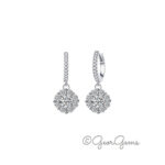 Sterling silver moissanite cluster drop hoop earrings with 5mm center stone and pavé hoop