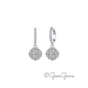 Sterling silver moissanite cluster drop hoop earrings with 5mm center stone and pavé hoop