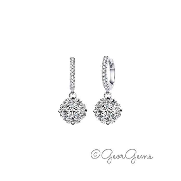 Sterling Silver Moissanite Cluster Drop Hoop Earrings Sterling silver moissanite cluster drop hoop earrings with 5mm center stone and pavé hoop