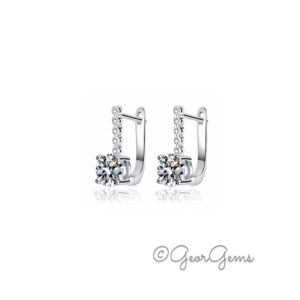 Sterling silver moissanite huggie hoop earrings with central stone and pavé detail