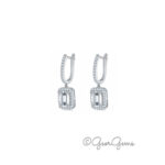 Sterling silver moissanite emerald cut drop earrings with halo detail