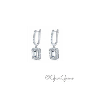 Sterling silver moissanite emerald cut drop earrings with halo detail