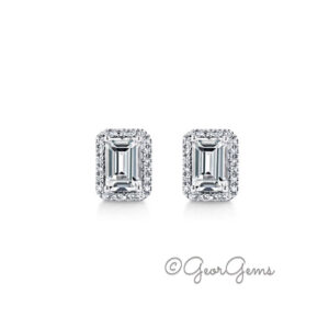 Sterling silver moissanite emerald cut halo stud earrings