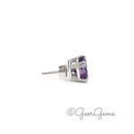 Side view of Amethyst cushion studs in sterling silver