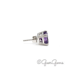 Side view of Amethyst cushion studs in sterling silver