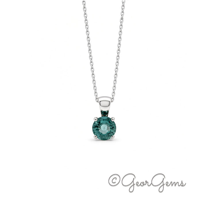 5mm Teal Sapphire Pendant with Chain Front View 5mm teal sapphire pendant on a 9k white gold anchor chain