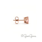 Side view of a Morganite Cushion stud -9k Rose Gold, 5mm cushion-cut stone in a four-prong setting