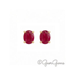 Ruby oval stud earrings 5x4mm in 9kt yellow gold, front view